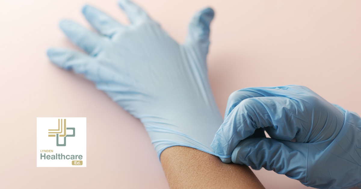 a CNA putting on gloves for hygiene